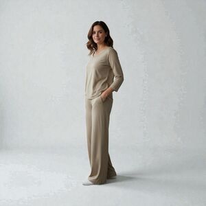 Ellen Tracy Silk Blend 2 Piece Set Oversize Fit Pull On Pants & Top Khaki Size 2